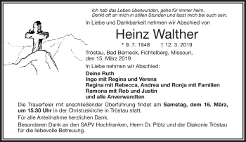 Traueranzeige von Heinz Walther von Frankenpost