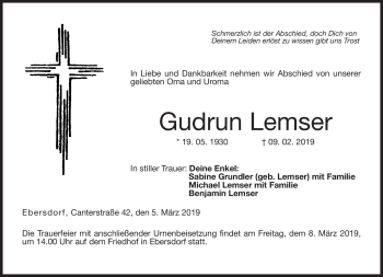 Traueranzeige von Gudrun Lemser von Neue Presse Coburg