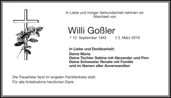 Traueranzeige von Willi Goßler von Frankenpost