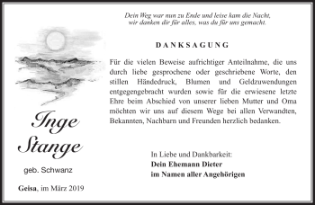 Traueranzeige von Inge Stange von Südthüringer Presse