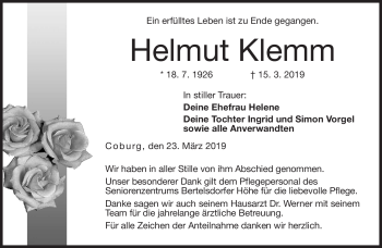 Traueranzeige von Helmut Klemm von Neue Presse Coburg