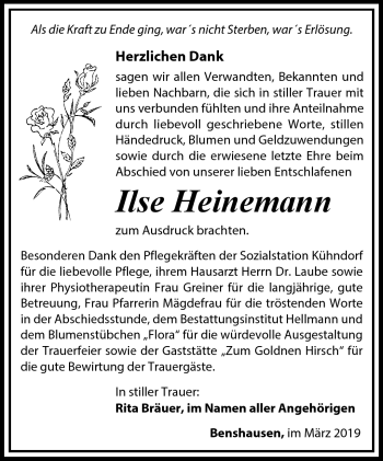 Traueranzeige von Ilse Heinemann von Südthüringer Presse