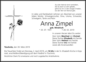 Traueranzeige von Anna Zimpel von Neue Presse Coburg