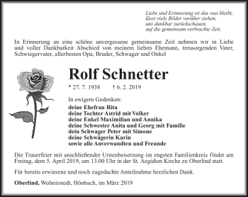 Traueranzeige von Rolf Schnetter von Südthüringer Presse