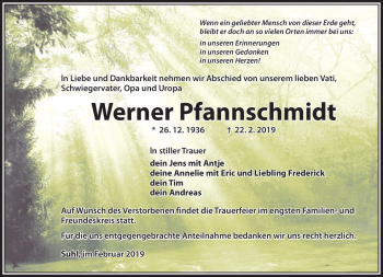 Traueranzeige von Wenrer Pfannschmidt von Südthüringer Presse