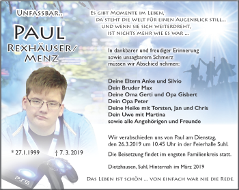 Traueranzeige von Paul Rexhäuser/Menz von Südthüringer Presse
