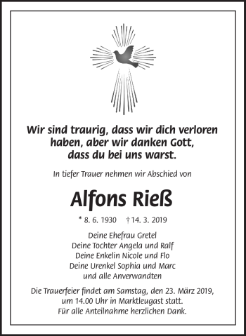 Traueranzeige von Alfons Rieß von Frankenpost