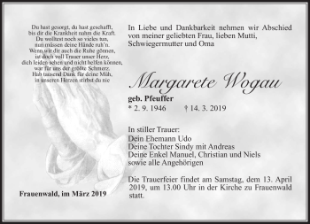 Traueranzeige von Margarete Wogau von Südthüringer Presse