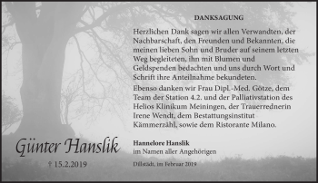 Traueranzeige von Günter Hanslik von Südthüringer Presse