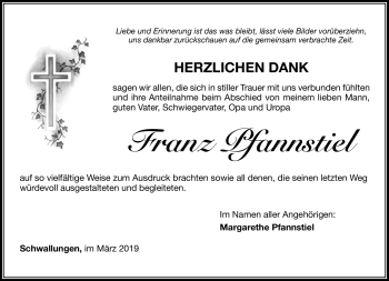 Traueranzeige von Franz Pfannstiel von Südthüringer Presse