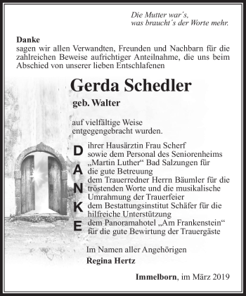 Traueranzeige von Gerda Schedler von Südthüringer Presse