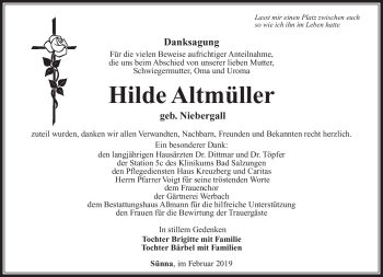 Traueranzeige von Hild Altmüller von Südthüringer Presse