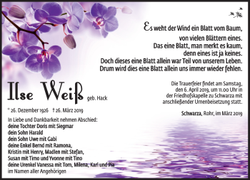 Traueranzeige von Ilse Weiß von Südthüringer Presse