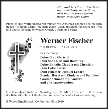 Traueranzeige von Werner Fischer von Südthüringer Presse