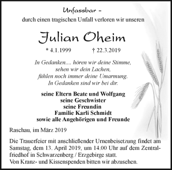 Traueranzeige von Julian Oheim von Südthüringer Presse