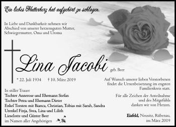 Traueranzeige von Lina Jacobi von Südthüringer Presse