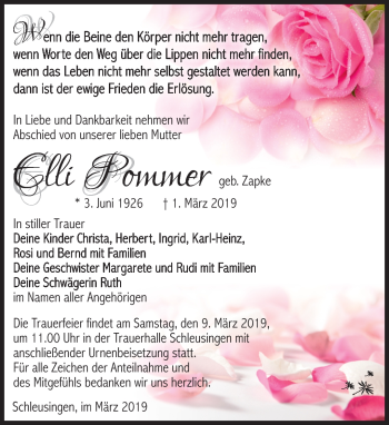 Traueranzeige von Elli Pommer von Südthüringer Presse