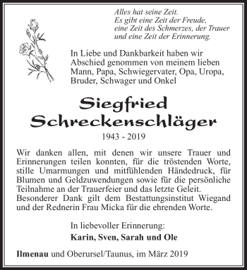 Traueranzeige von Siegfried Schreckenschläger von Südthüringer Presse