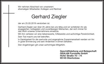 Traueranzeige von Gerhard Ziegler von Frankenpost