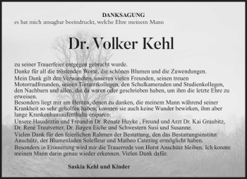 Traueranzeige von Volker Kehl von Südthüringer Presse