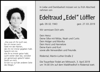 Traueranzeige von Edeltraud Löffler von Neue Presse Coburg