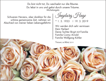 Traueranzeige von Ingeborg Hage von Südthüringer Presse