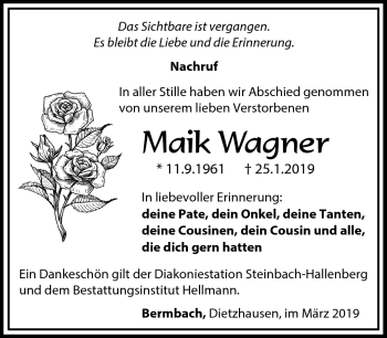 Traueranzeige von Maik Wagner von Südthüringer Presse