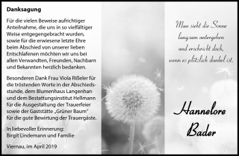 Traueranzeige von Hannelore Bader von Südthüringer Presse