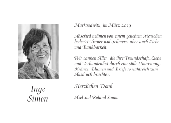Traueranzeige von Inge Simon von Frankenpost