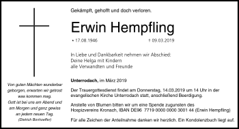 Traueranzeige von Erwin Hempfling von Neue Presse Coburg