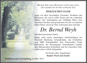 Traueranzeige von Bernd Weyh von Südthüringer Presse