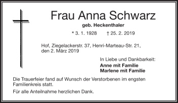 Traueranzeige von Anna Schwarz von Frankenpost