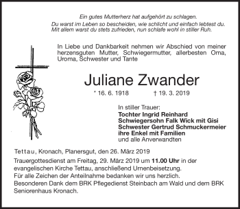 Traueranzeige von Juliane Zwander von Neue Presse Coburg