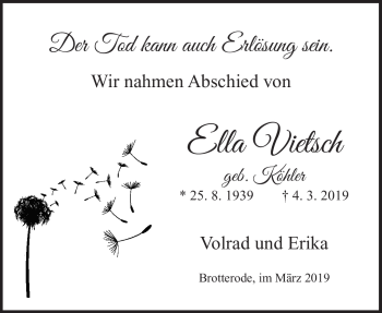 Traueranzeige von Ella Vietsch von Südthüringer Presse