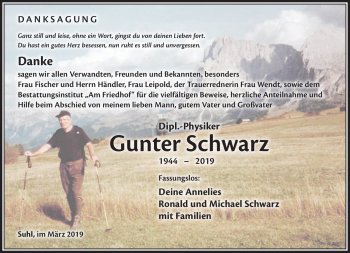 Traueranzeige von Gunter Schwarz von Südthüringer Presse