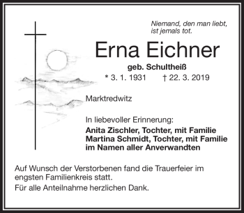 Traueranzeige von Erna Eichner von Frankenpost