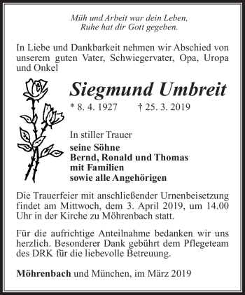 Traueranzeige von Siemund Umbreit von Südthüringer Presse