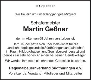 Traueranzeige von Martin Geßner von Südthüringer Presse