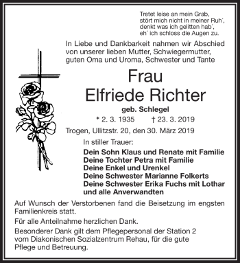 Traueranzeige von Elfriede Richter von Frankenpost