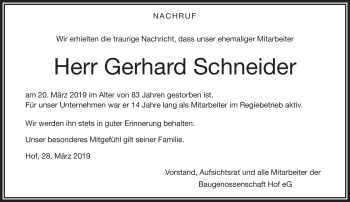 Traueranzeige von Gerhard Schneider von Frankenpost