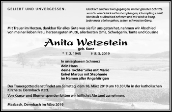 Traueranzeige von Anita Wetzstein von Südthüringer Presse