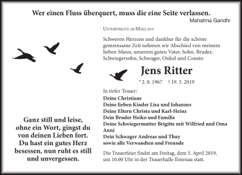 Traueranzeige von Jens Ritter von Südthüringer Presse