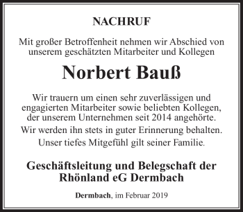 Traueranzeige von Norbert Bauß von Südthüringer Presse