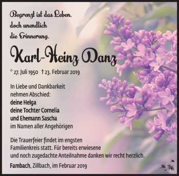 Traueranzeige von Karl-Heinz Danz von Südthüringer Presse