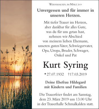 Traueranzeige von Kurt Syring von Südthüringer Presse
