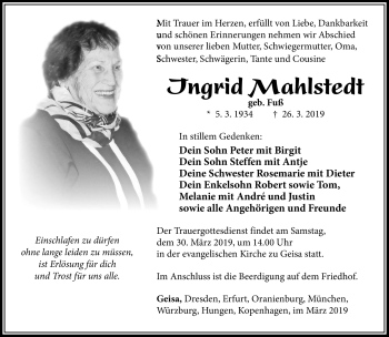 Traueranzeige von Inge Mahlstedt von Südthüringer Presse