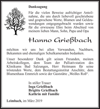 Traueranzeige von Hanno Grießbach von Südthüringer Presse