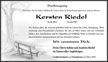 Traueranzeige von Kersten Riedel von Südthüringer Presse