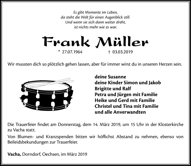  Traueranzeige für Frank Müller vom 09.03.2019 aus Südthüringer Presse