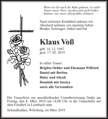 Traueranzeige von Klaus Voß von Südthüringer Presse